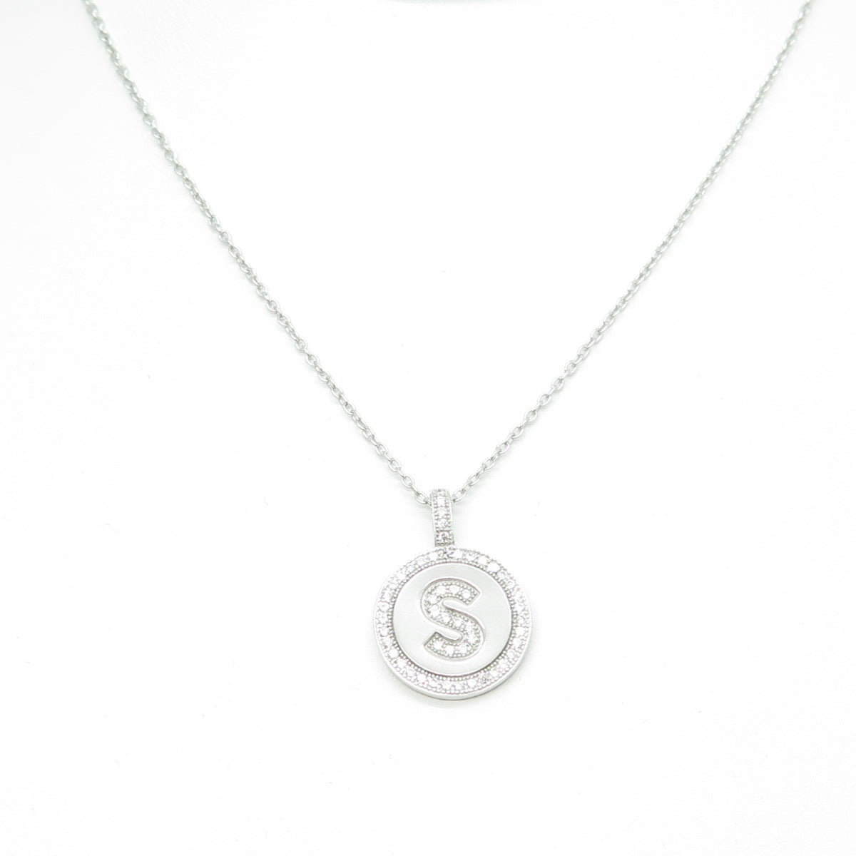 925 Sterling Silver Round-Cut C Z Letter "S" Cable Chain Necklace 16-18"