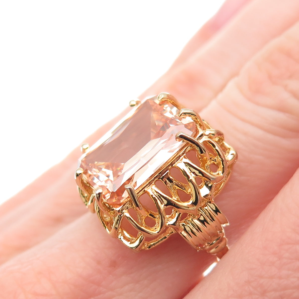 925 Sterling Silver Gold Plated Emerald-Cut Champagne C Z Ring Size 7