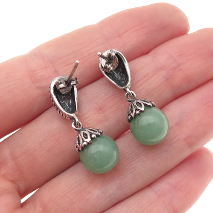 925 Sterling Silver Vintage Real Aventurine Modernist Ball Bead Dangle Earrings