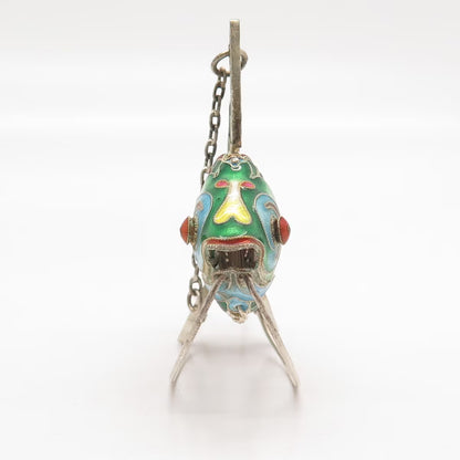 925 Sterling Silver Enamel Antique Chinese Articulated Koi Fish Chatelaine Fob
