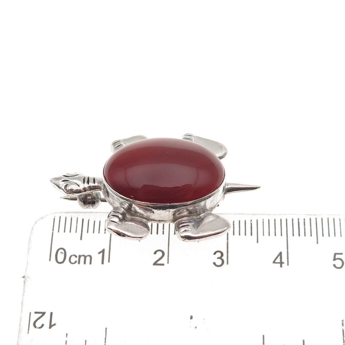 925 Sterling Silver Vintage Real Carnelian Turtle Oxidized Pin Brooch
