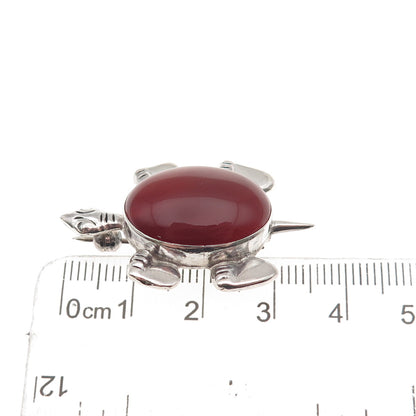 925 Sterling Silver Vintage Real Carnelian Turtle Oxidized Pin Brooch