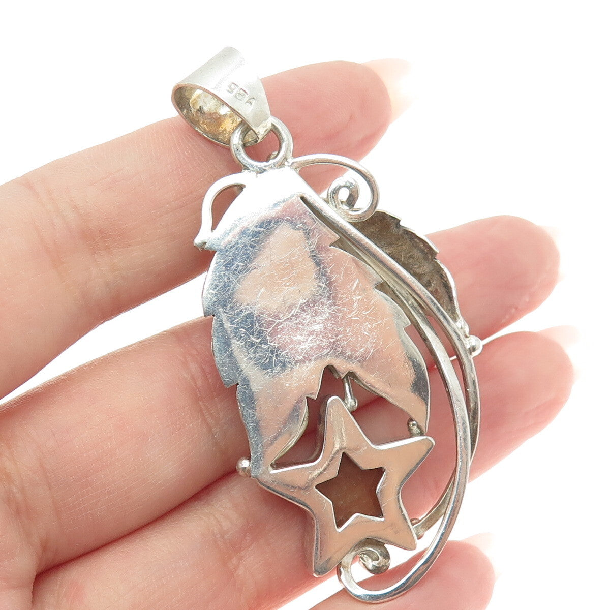 925 Sterling Silver Vintage Real Carnelian Agate Gemstone Star Leaf Pendant