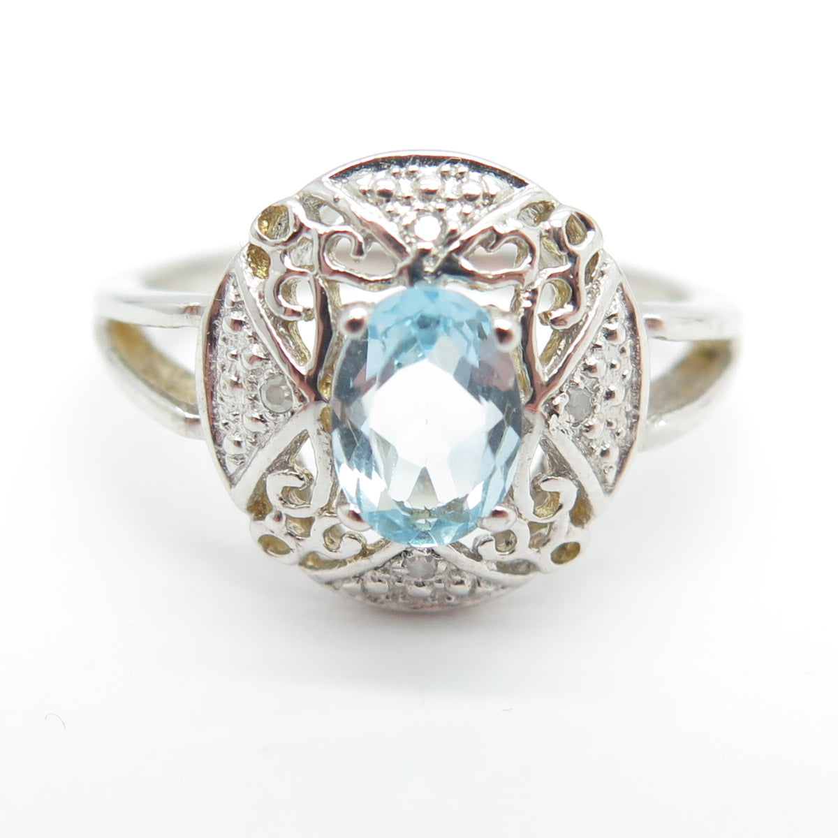 925 Sterling Silver Real Round-Cut Diamond & Blue Topaz "X" Ring Size 7