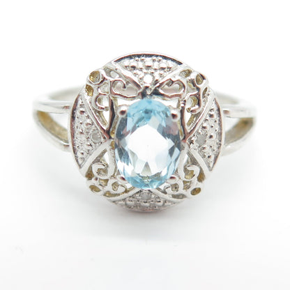 925 Sterling Silver Real Round-Cut Diamond & Blue Topaz "X" Ring Size 7