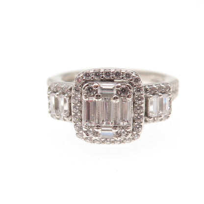 925 Sterling Silver Round & Emerald-Cut C Z Engagement Ring Size 7
