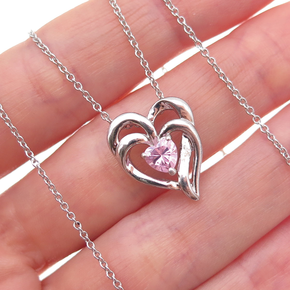 Sai 925 Sterling Silver Pink C Z Heart Cable Chain Necklace 18"