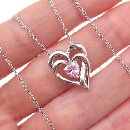 Sai 925 Sterling Silver Pink C Z Heart Cable Chain Necklace 18"