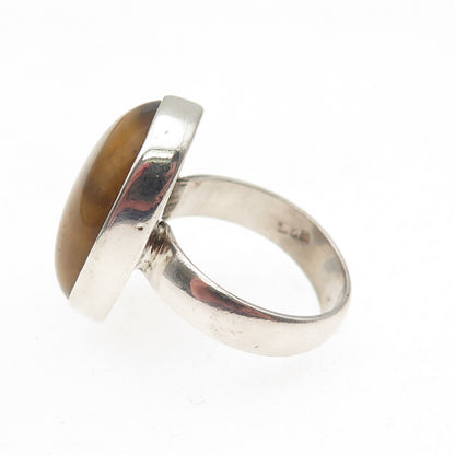 925 Sterling Silver Vintage Real Cabochon Tiger Eye Modernist Ring Size 7