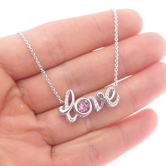 SUN 925 Sterling Silver Real White & Pink Topaz Love Cable Chain Necklace 18"