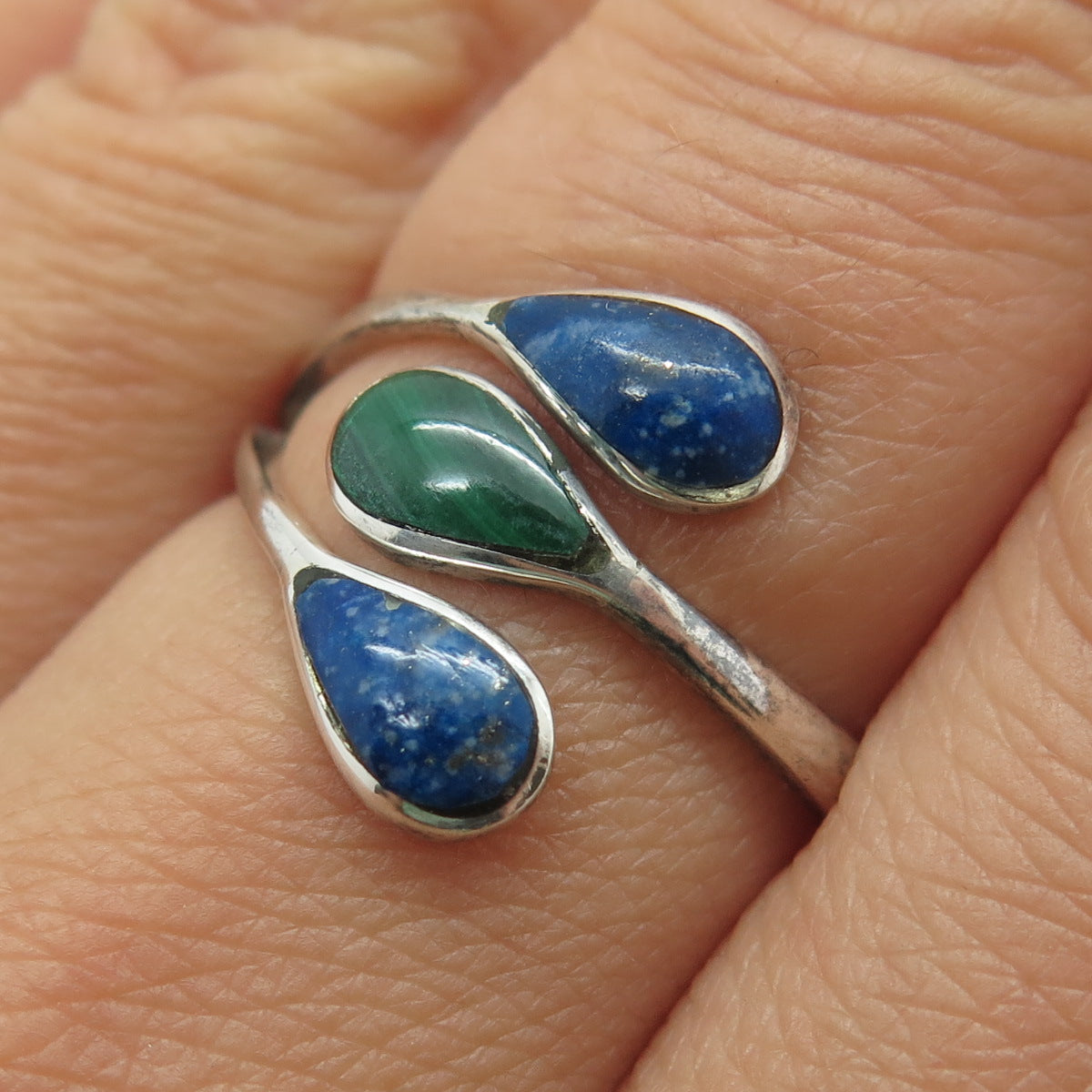 925 Sterling Silver Vintage Real Lapis & Malachite Adjustable Ring Size 8