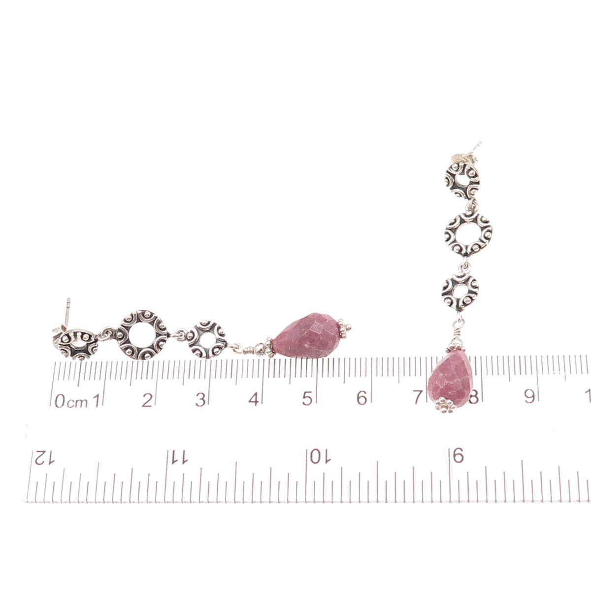925 Sterling Silver Vintage Real Rhodonite Circle Link Oxidized Dangle Earrings