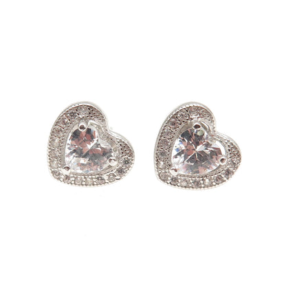 925 Sterling Silver Heart & Round-Cut C Z Stud Earrings