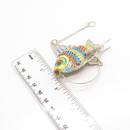 925 Sterling Silver Antique Enamel Articulated Chinese Koi Fish Chatelaine Fob