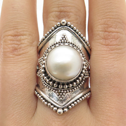 925 Sterling Silver Vintage Real Pearl Boho Beaded Statement Ring Size 7.5