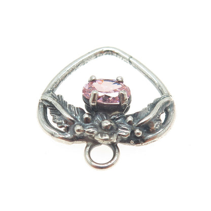 925 Sterling Silver Vintage Pink Oval-Cut Shaped C Z Floral Leaf Heart Pendant