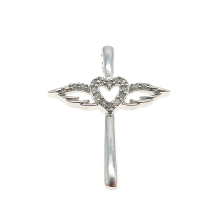 925 Sterling Silver Real Round-Cut Diamond Cross Heart Angel Wings Pendant