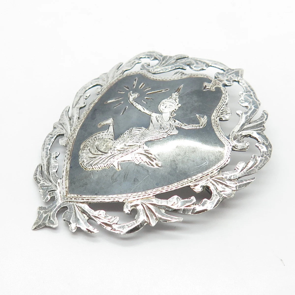 925 Sterling Silver Vintage Siam Niello Hindu Goddess Pin Brooch