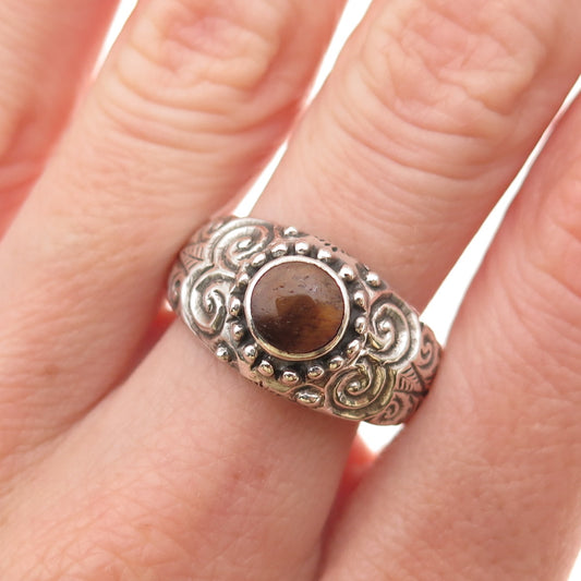 925 Sterling Silver Vintage Real Tiger Eye Floral Oxidized Ring Size 10