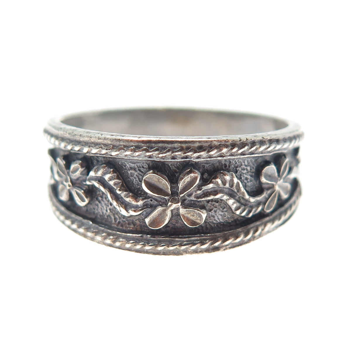 KEN CRAFTS 925 Sterling Silver Vintage Flower Blossom Oxidized Ring Size 9.25