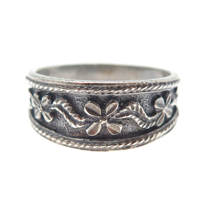 KEN CRAFTS 925 Sterling Silver Vintage Flower Blossom Oxidized Ring Size 9.25