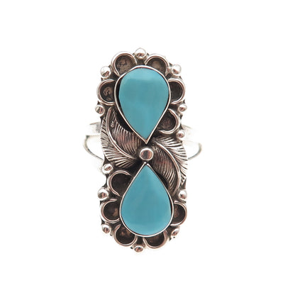 Old Pawn 925 Sterling Silver Vintage Southwestern Turquoise Feather Ring Size 7