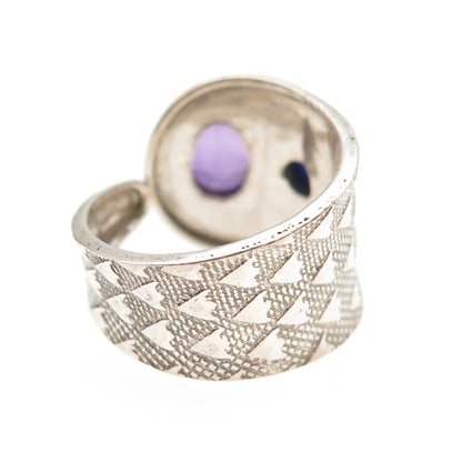 925 Sterling Vintage Real Amethyst & Opal Modernist Adjustable Ring Size 7.5
