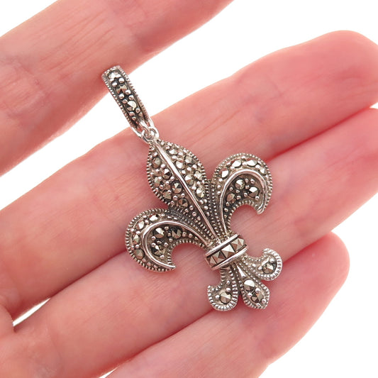925 Sterling Silver Vintage Real Marcasite Fleur de Lis Oxidized Charm Pendant