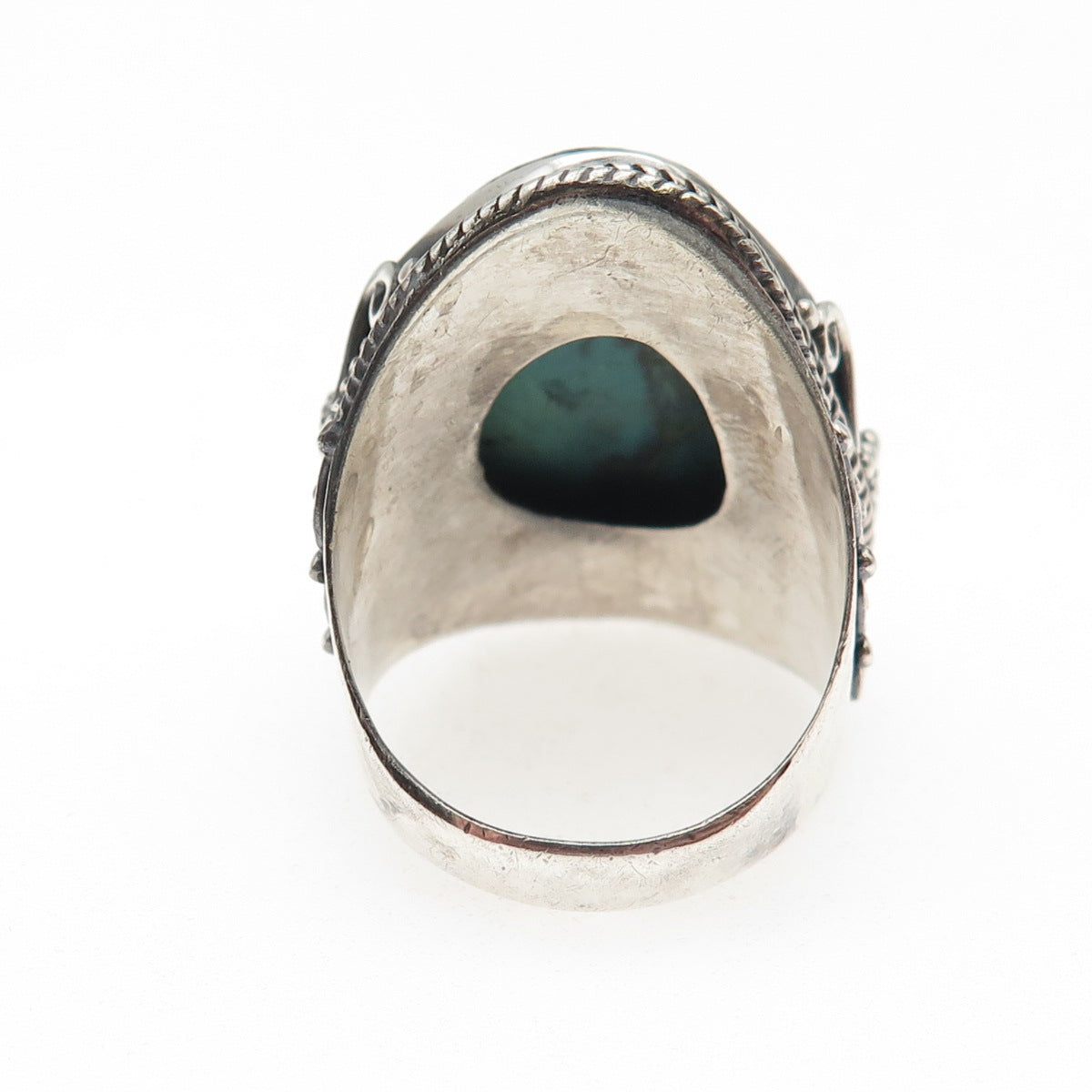 925 Sterling Silver Vintage Real Peacock Turquoise Oxidized Ring Size 8.75