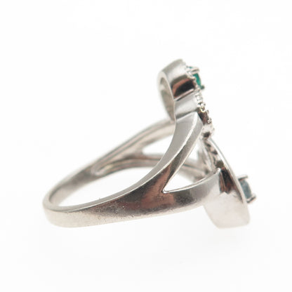 925 Sterling Silver Round-Cut Blue & Green C Z Interlocked Heart Ring Size 7.5