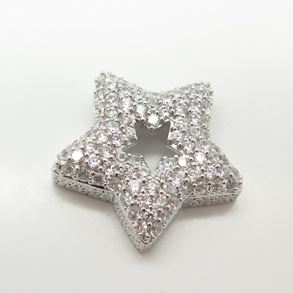 925 Sterling Silver White C Z Cluster Open Star Slide Pendant