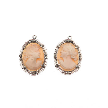 925 Sterling Silver Antique Art Deco MOP & Marcasite Lady Cameo Jacket Earrings