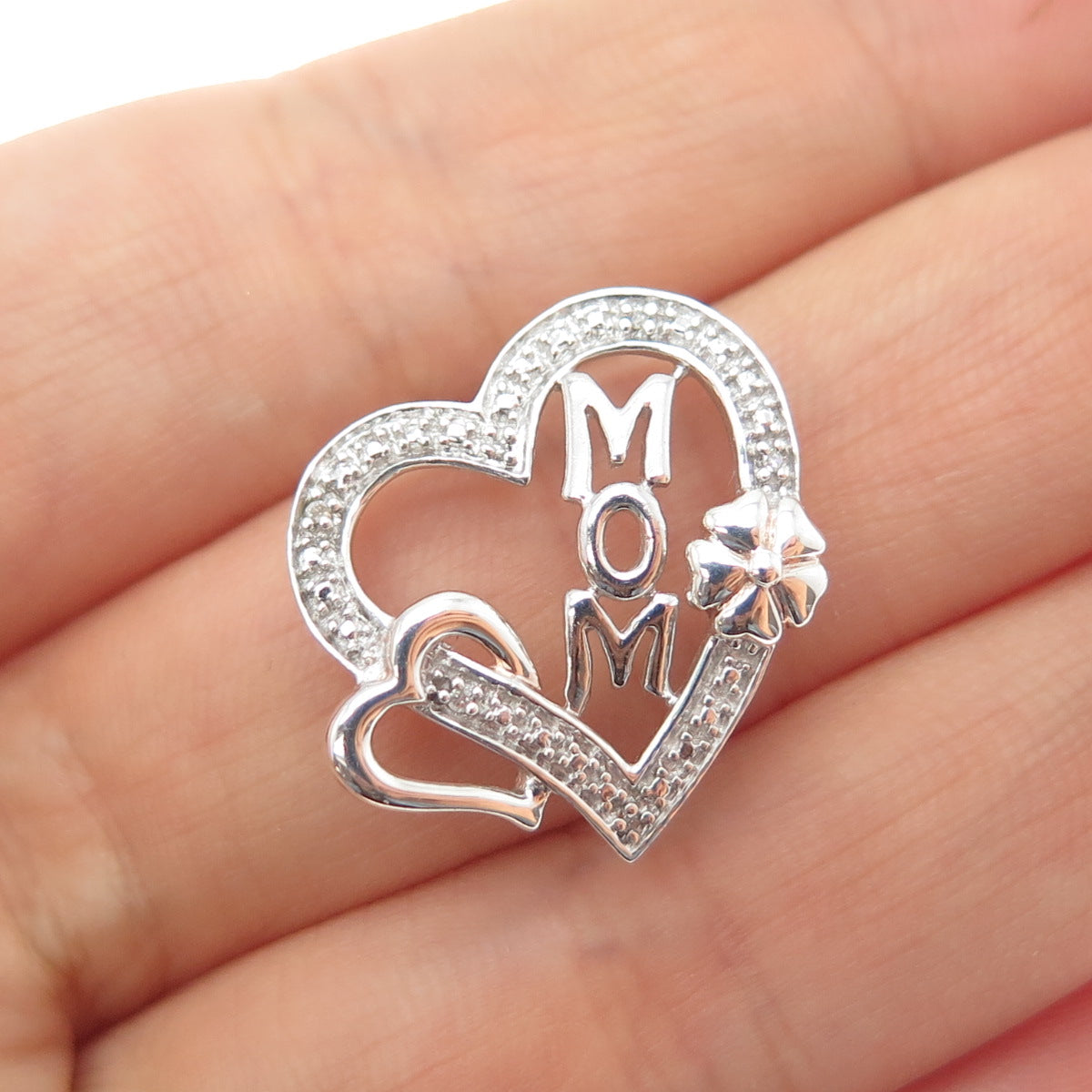 925 Sterling Silver Real Round-Cut Diamond Mom Flower Heart Mini Slide Pendant
