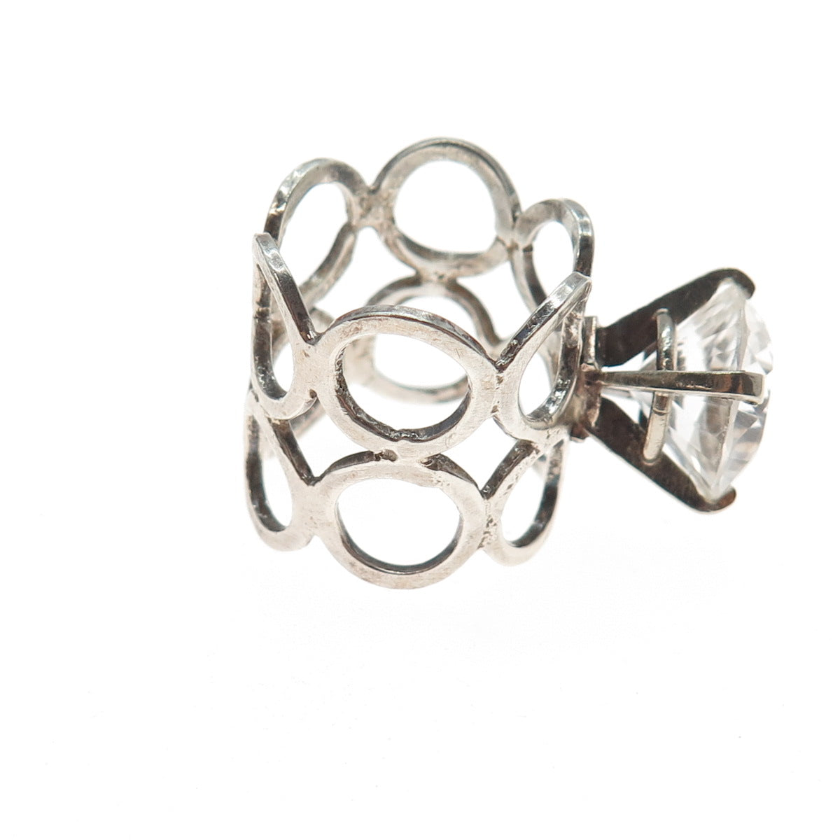 925 Sterling Silver Vintage Real Round-Cut White Topaz Modernist Ring Size 6.75