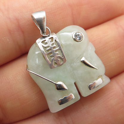 AVON 925 Sterling Vintage Real Jade & C Z Elephant Chinese Character Pendant