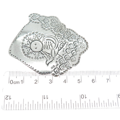 LOS BALLESTEROS Sterling Silver Vintage Mexico Sun & Bird Landscape Pin Brooch