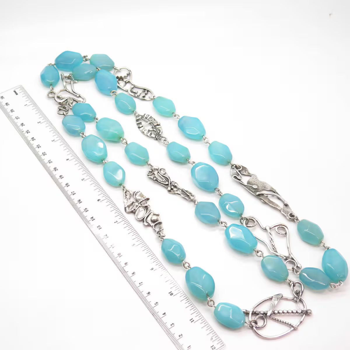 925 Sterling Silver Vintage Real Blue Lace Agate Gem Bead Chain Necklace 48”