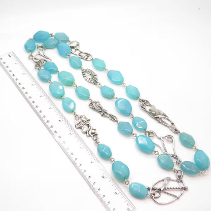 925 Sterling Silver Vintage Real Blue Lace Agate Gem Bead Chain Necklace 48”