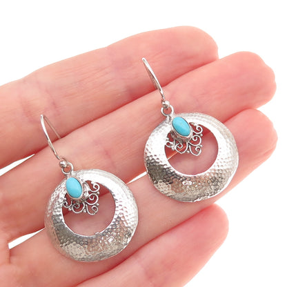 925 Sterling Silver Vintage Real Turquoise Crescent Hammered Dangle Earrings