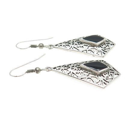 925 Sterling Silver Vintage Real Black Onyx Ornate Dangle Earrings