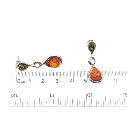 925 Sterling Silver Vintage Real Amber Modernist Teardrop Dangle Earrings