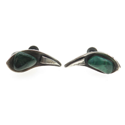 925 Sterling Silver Antique Art Deco Real Malachite Claw Screw Back Earrings