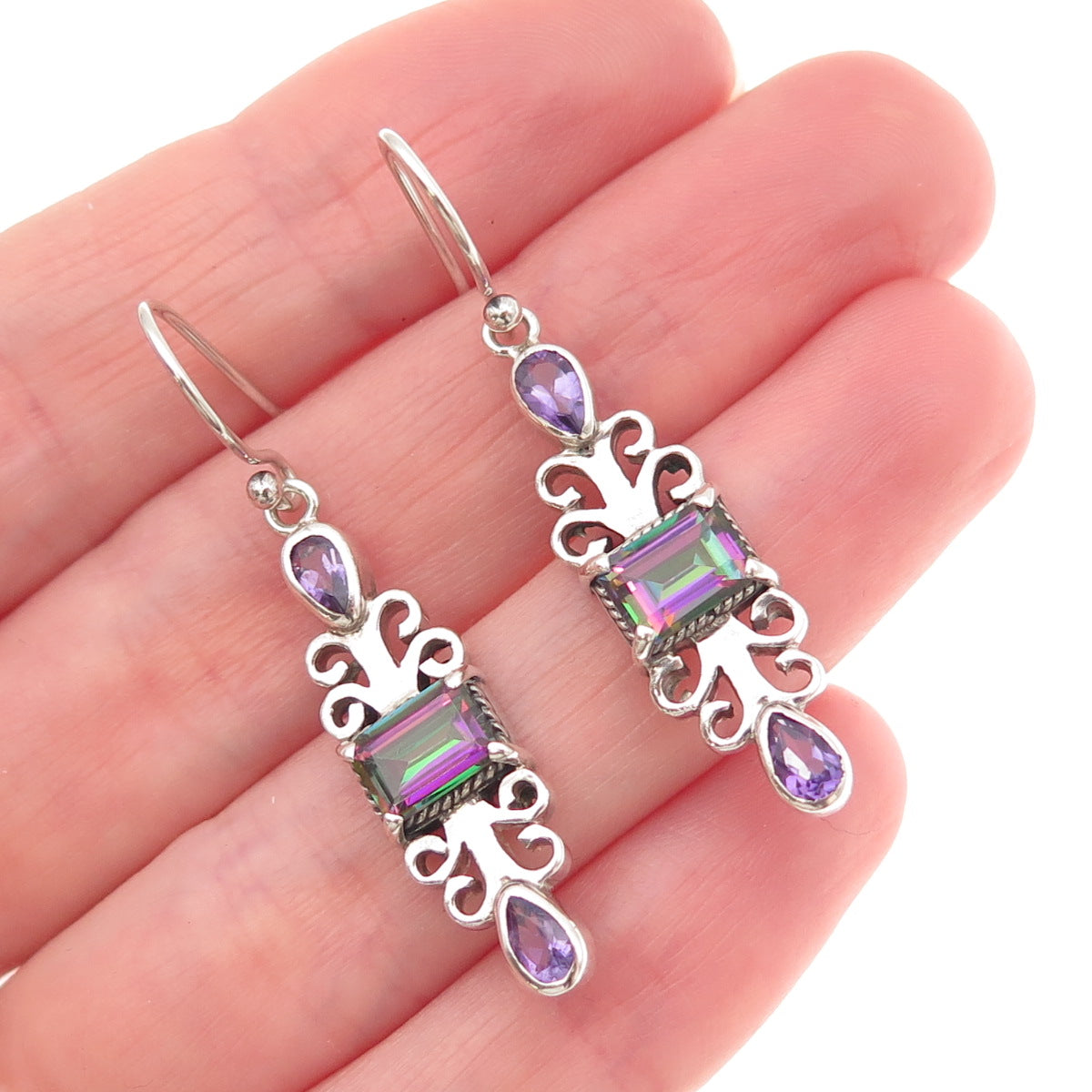 925 Sterling Silver Vintage Real Amethyst Mystic Topaz Modernist Dangle Earrings