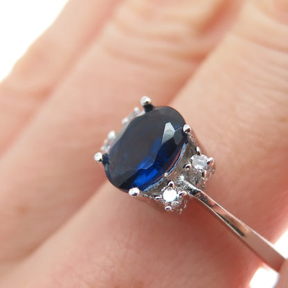 925 Sterling Silver Real Oval-Cut Blue Spinel & Round-Cut C Z Ring Size 7.75