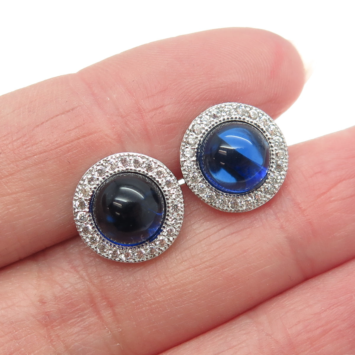 925 Sterling Silver White & Blue C Z Stud Earrings