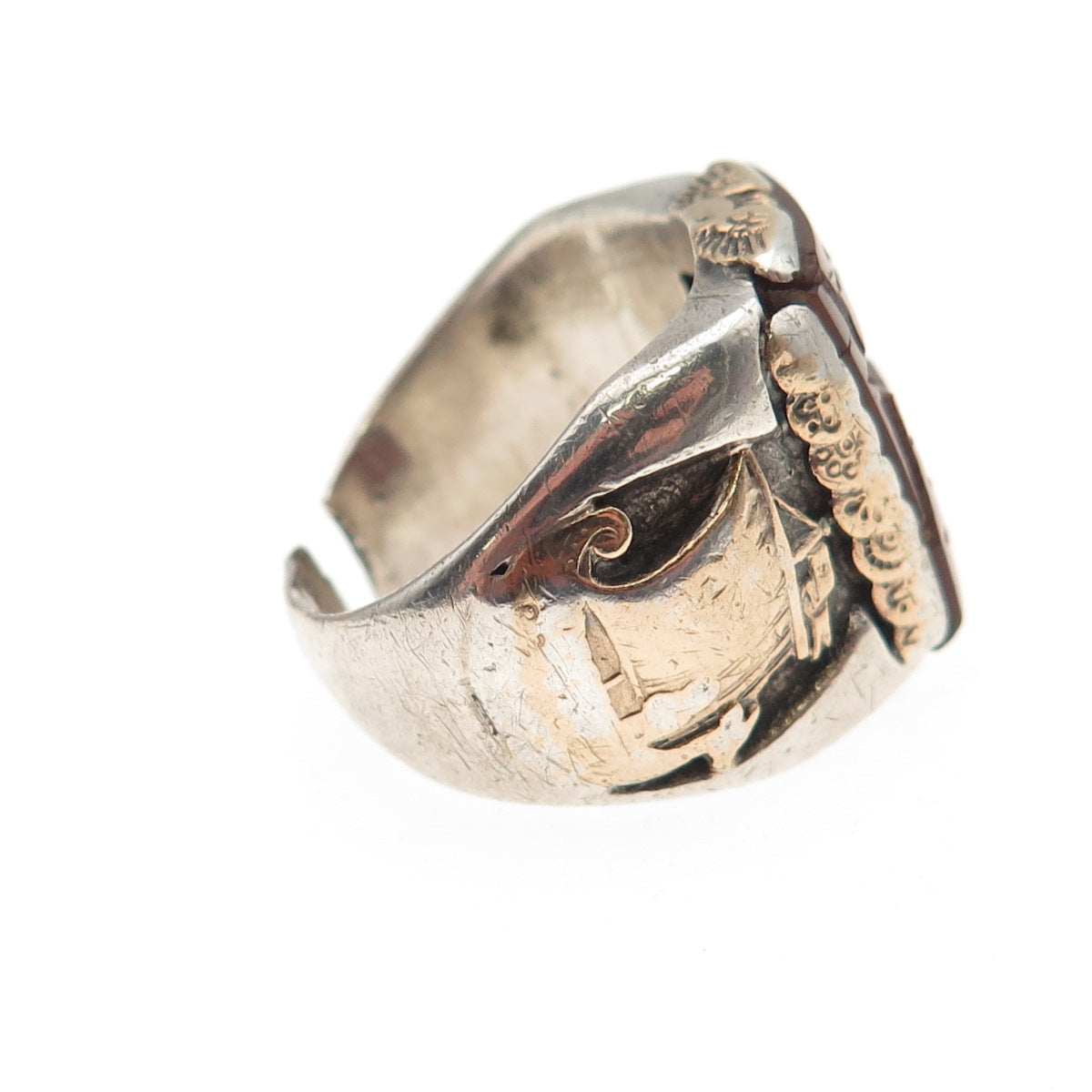 925 Sterling Antique Carnelian Roman Warrior & Sailboat Adjustable Ring Size 7