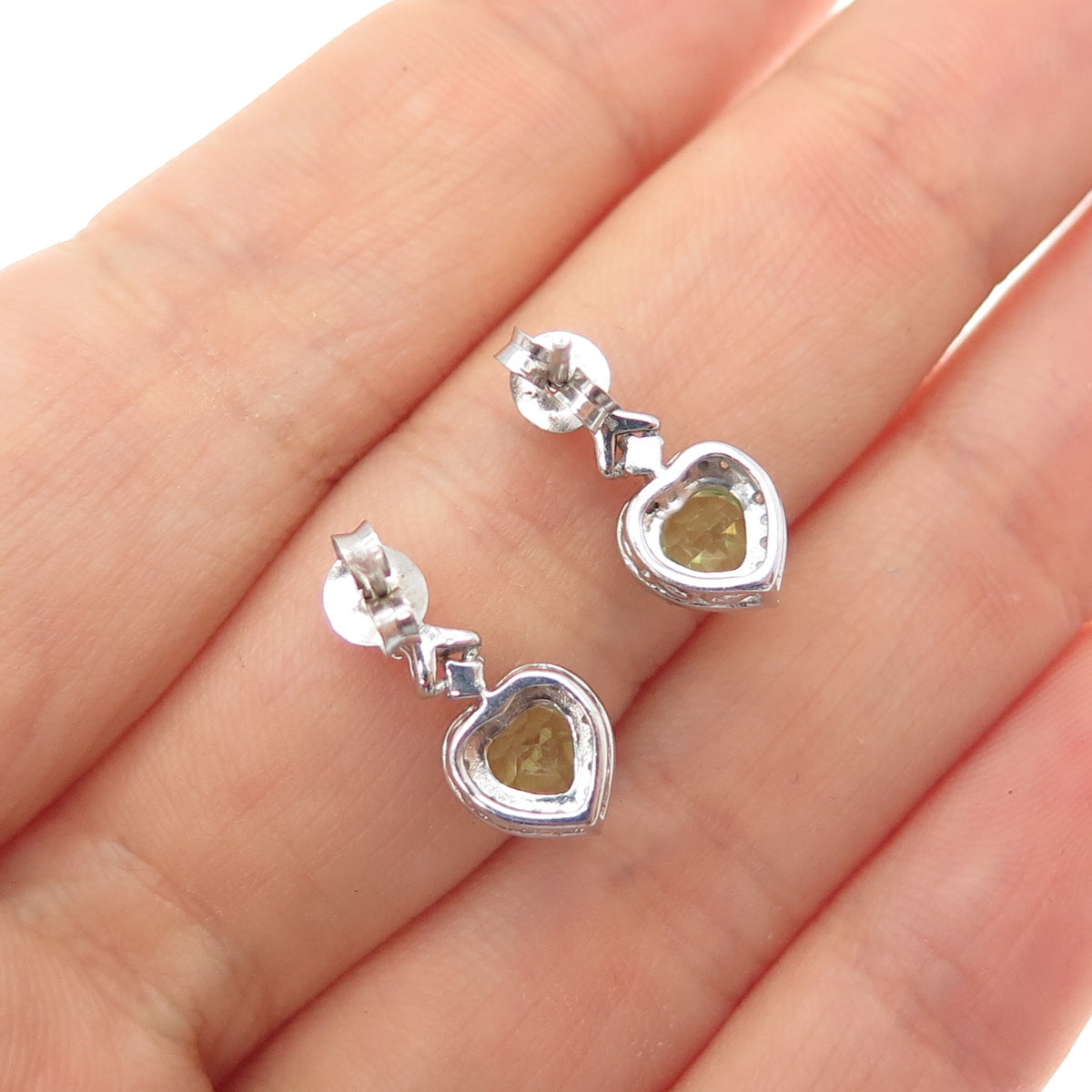 JANE SEYMOUR 925 Sterling Silver Real White Topaz & Peridot Heart Earrings
