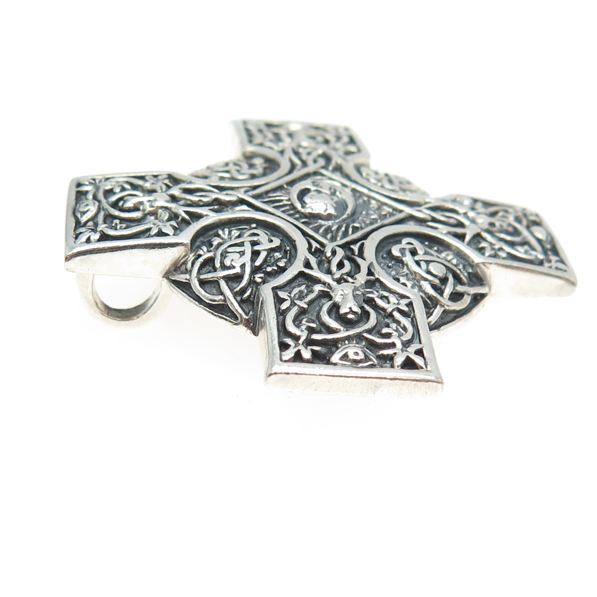 925 Sterling Silver Vintage Deer Moon Runic Cross Oxidized Pendant