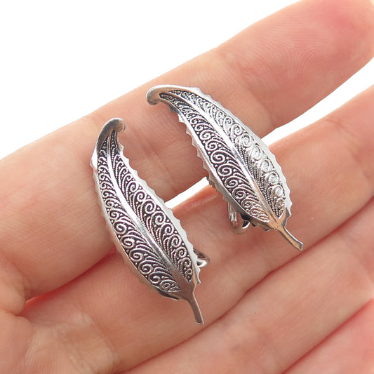 925 Sterling Silver Antique Art Deco Feather Oxidized Screw Back Earrings