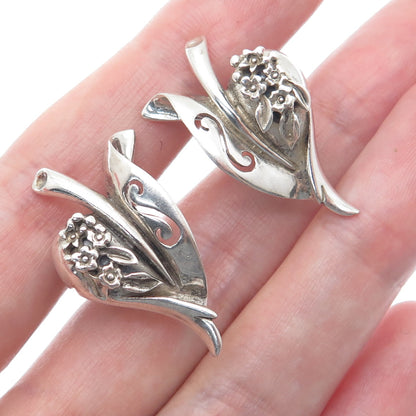 925 Sterling Silver Vintage Modernist Flower Heart Screw Back Earrings
